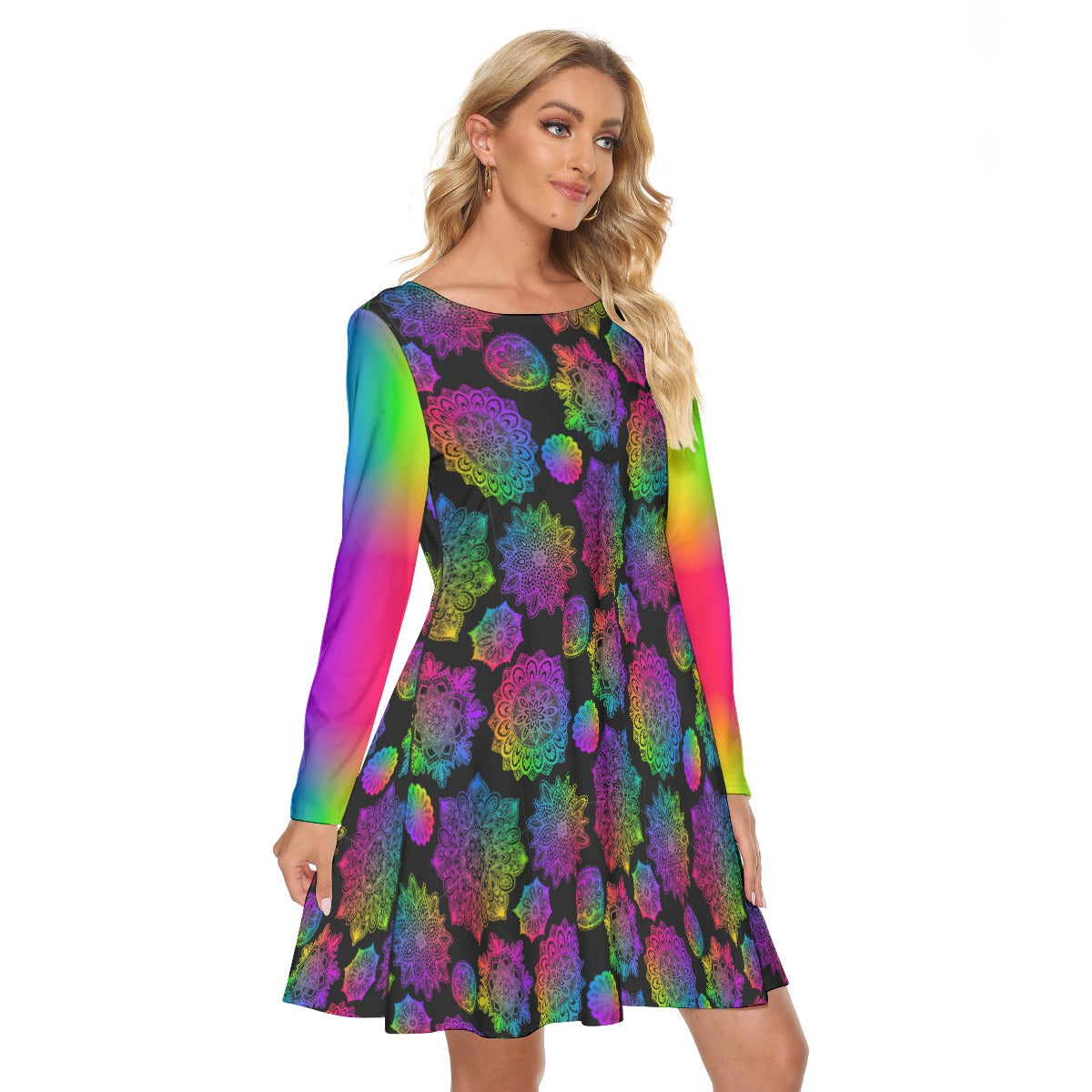 Rainbow Mandala Long Sleeve Adult Dress