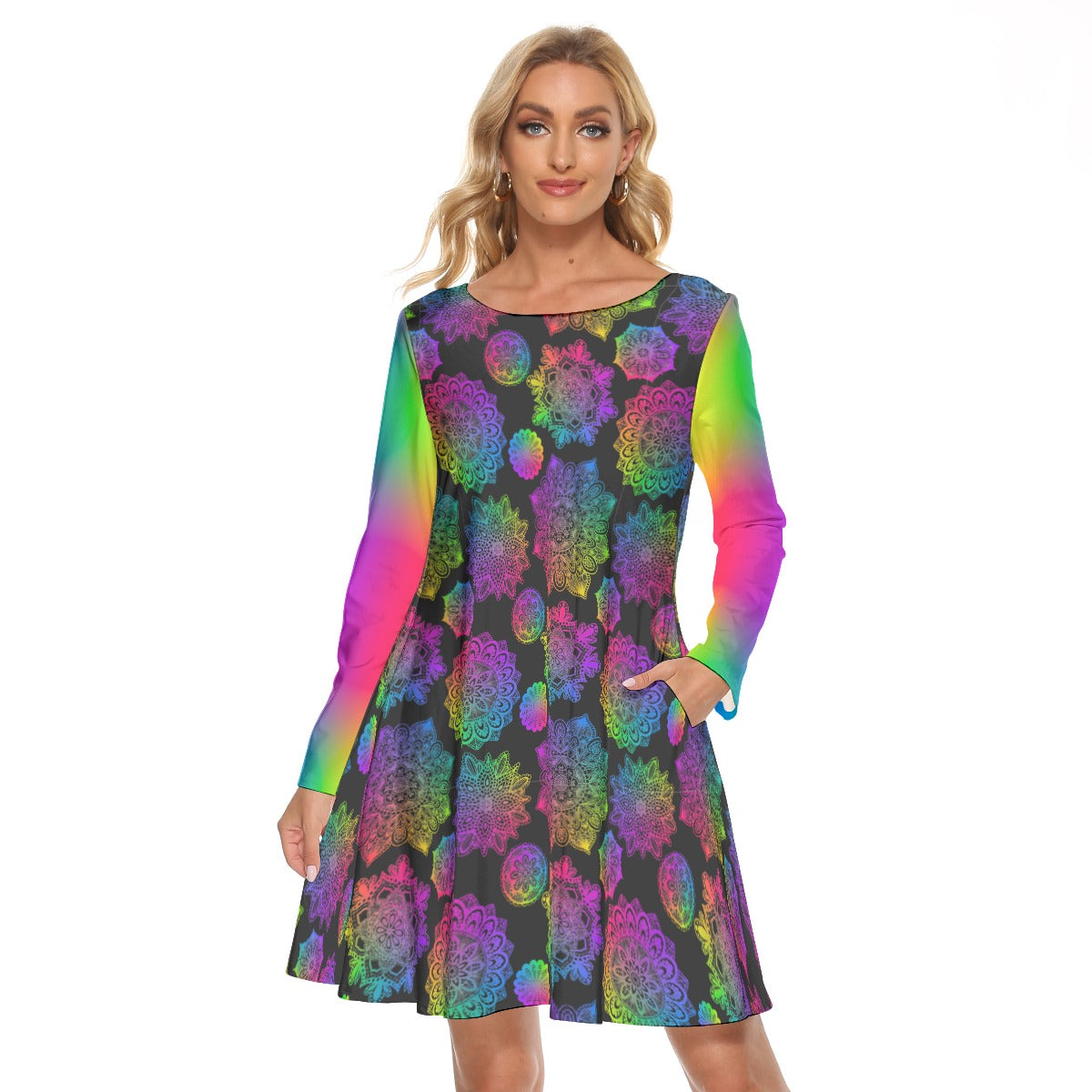 Rainbow Mandala Long Sleeve Adult Dress