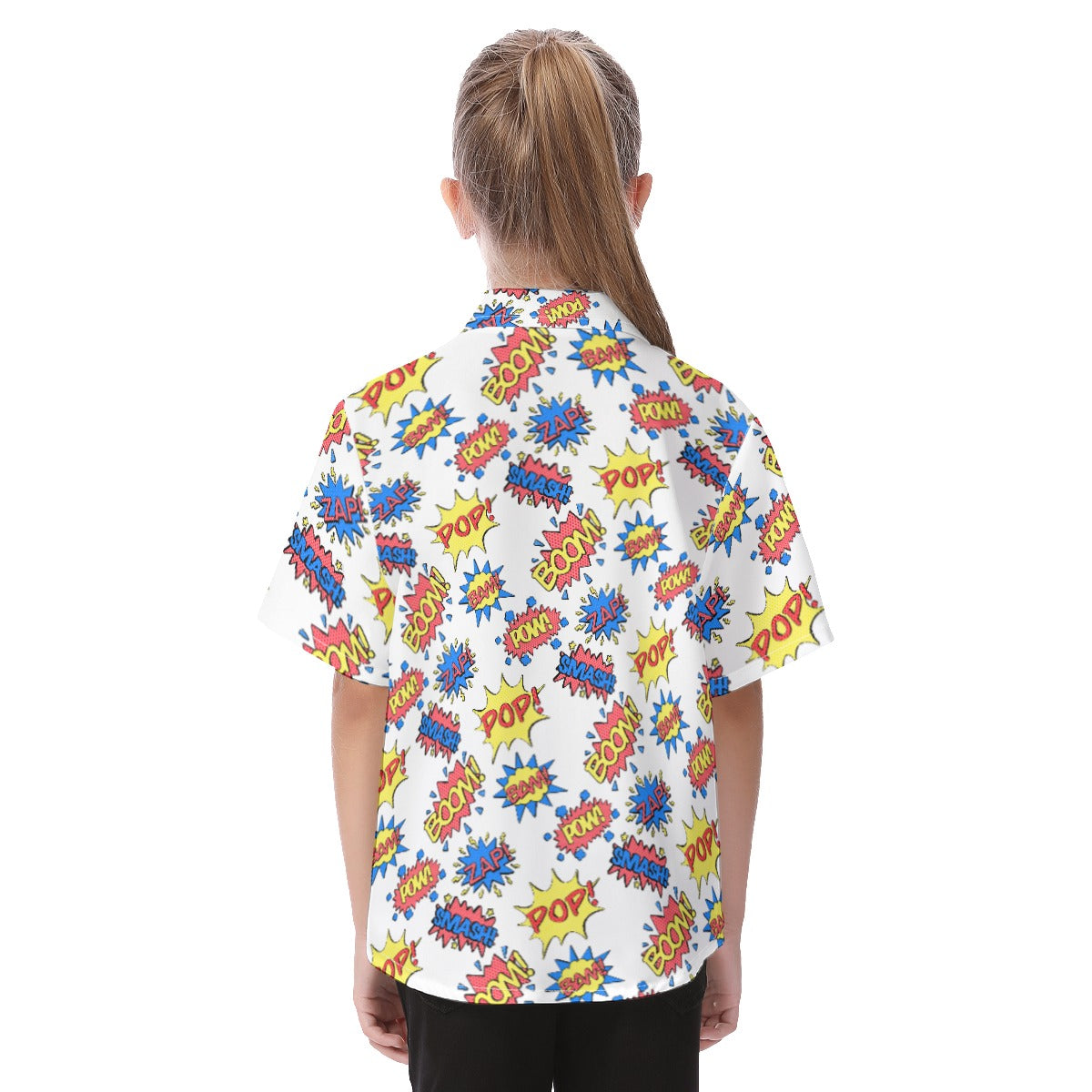 Camisa hawaiana para niños con patrón de efectos de sonido de cómic