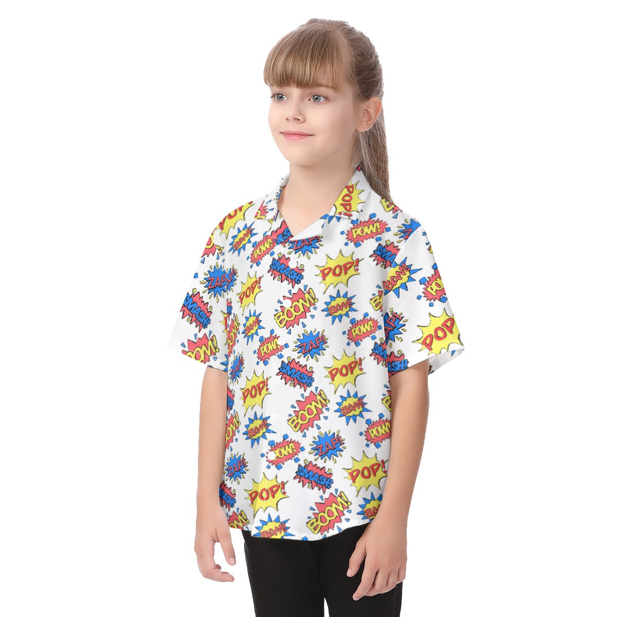 Camisa hawaiana para niños con patrón de efectos de sonido de cómic