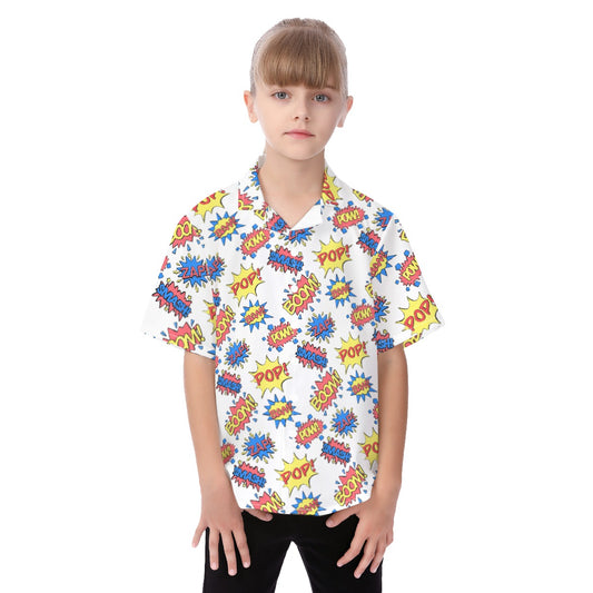 Camisa hawaiana para niños con patrón de efectos de sonido de cómic