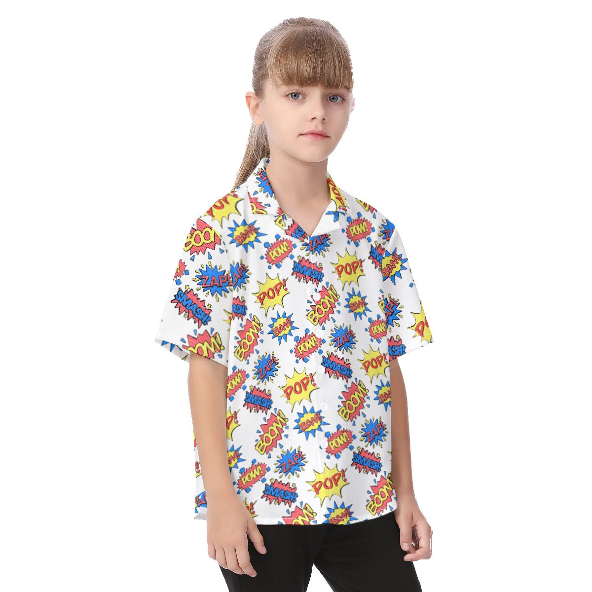 Camisa hawaiana para niños con patrón de efectos de sonido de cómic